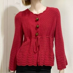 Anthropologie Sparrow Red Wool Blend Angora Crochet Knit Cardigan Sweater Size S